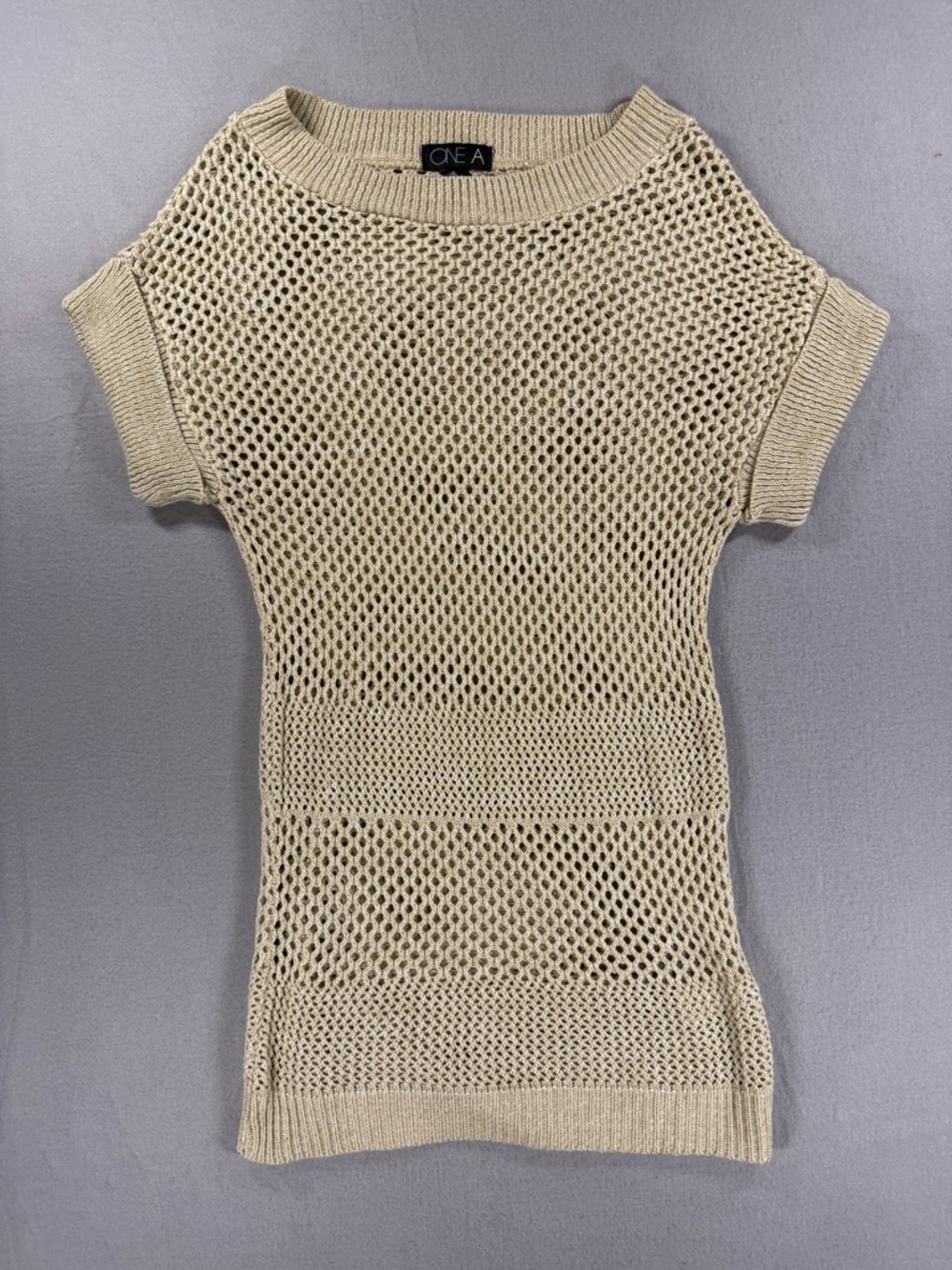 One A Beige Ecru Open-Weave Short Sleeve Knit Top fishnet Boho Chic Stretchy
